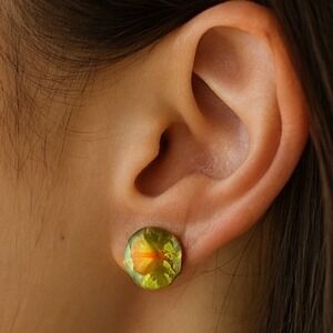 Vintage Round Clip On Earrings Green Yellow Rhinestone Gold Tone Costume Jewelry